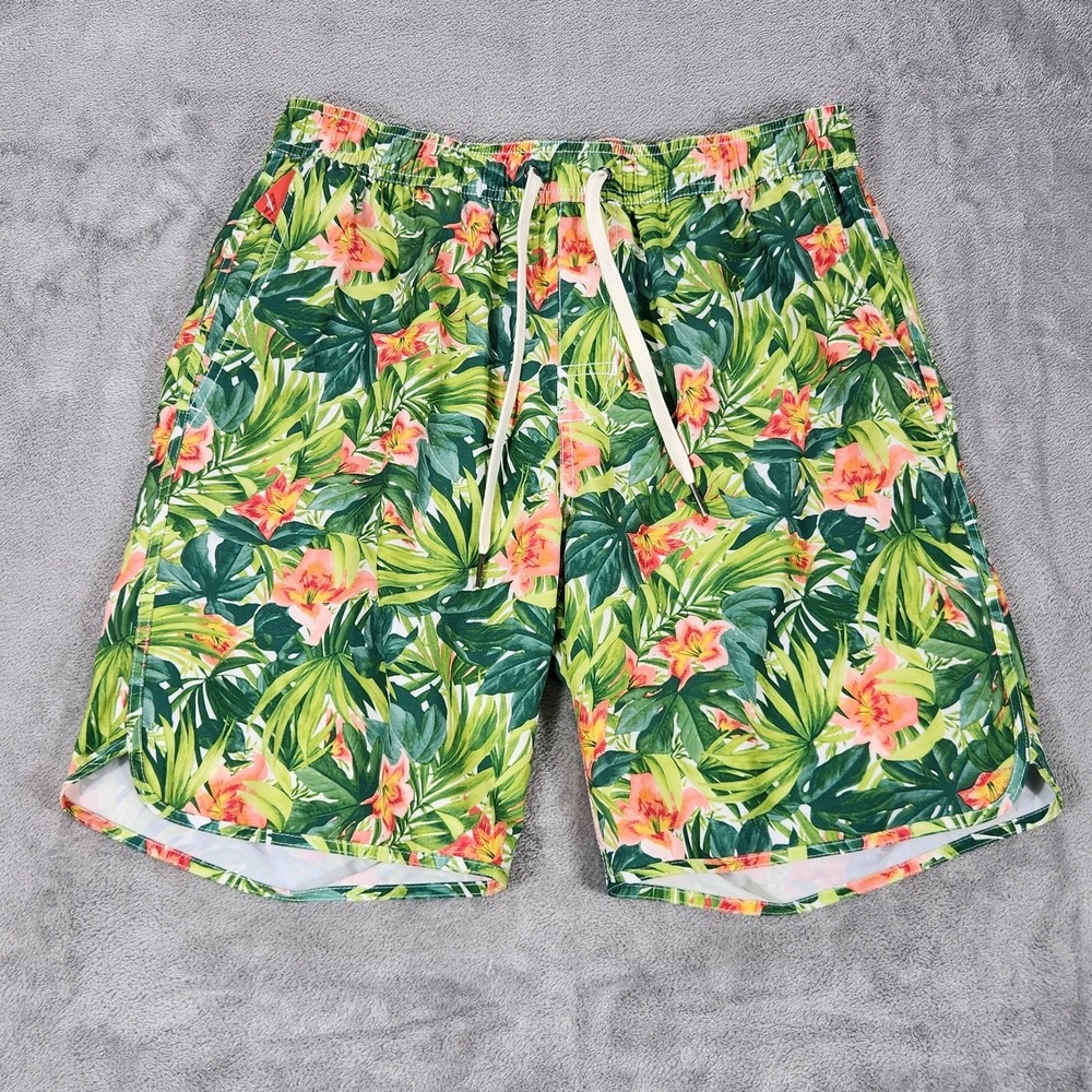 Fair Harbor Swim Shorts Mens Medium Green Floral Lined Drawstring Pockets